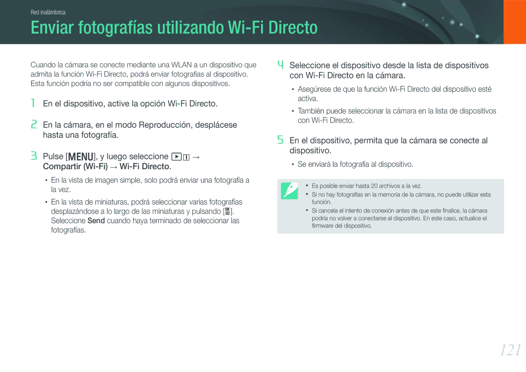 Samsung EV-NX1000BFWES, EV-NX1000BABES, EV-NX1000BHWFR, EV-NX1000BJPES manual Enviar fotografías utilizando Wi-Fi Directo, 121 