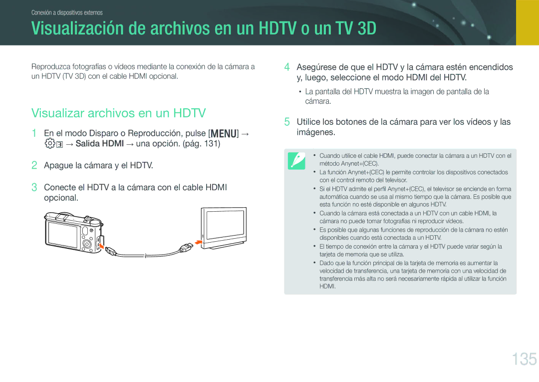 Samsung EV-NX1000BHWFR manual Visualización de archivos en un Hdtv o un TV 3D, 135, Visualizar archivos en un Hdtv 