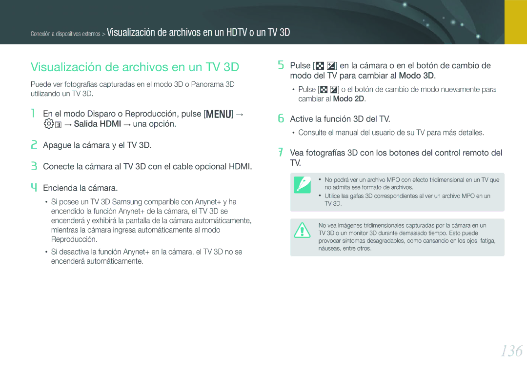 Samsung EV-NX1000BFWES, EV-NX1000BABES, EV-NX1000BHWFR, EV-NX1000BJPES manual 136, Visualización de archivos en un TV 3D 