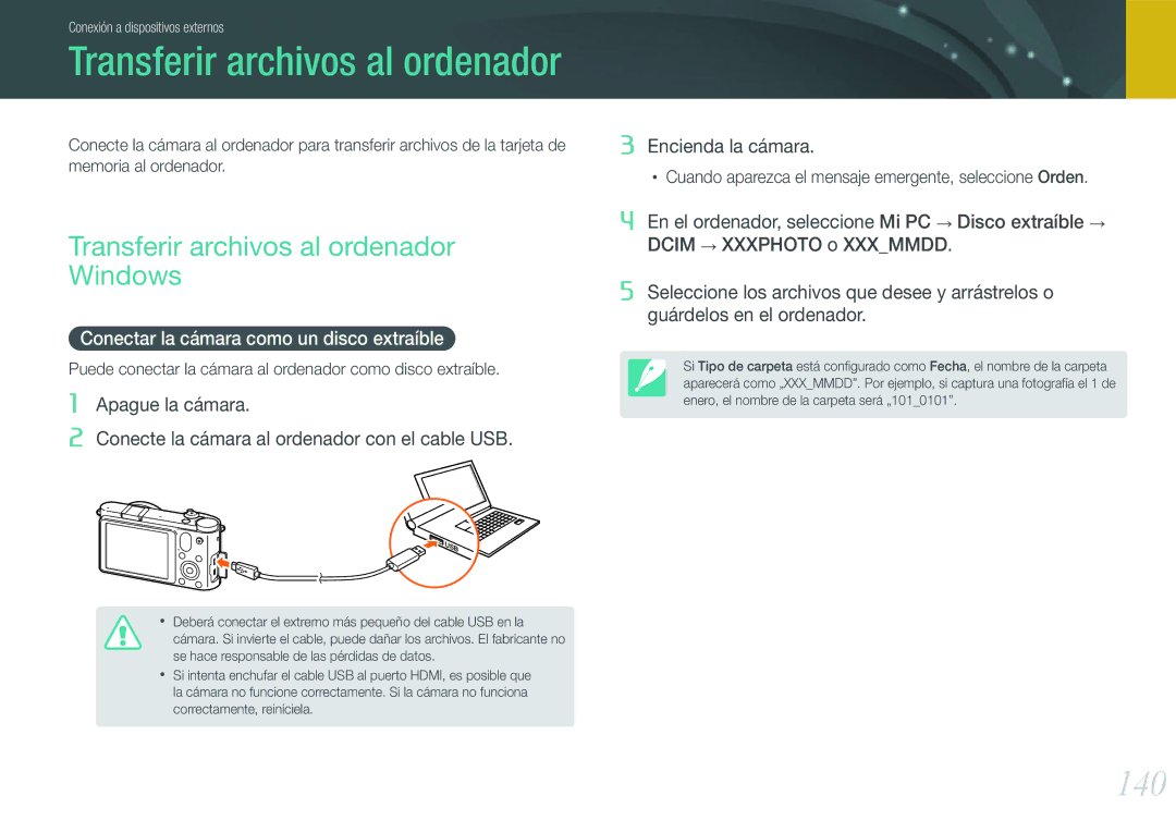 Samsung EV-NX1000BHWFR manual 140, Transferir archivos al ordenador Windows, Conectar la cámara como un disco extraíble 