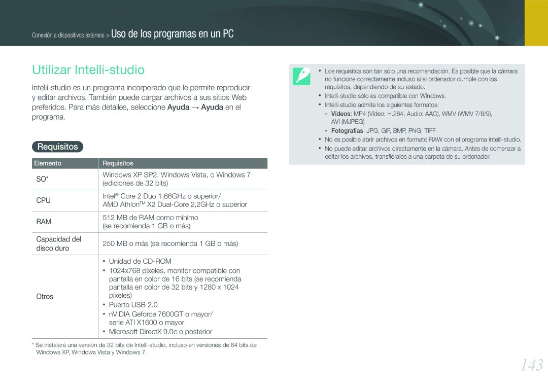 Samsung EV-NX1000BFWIL, EV-NX1000BABES, EV-NX1000BHWFR, EV-NX1000BFWES manual 143, Utilizar Intelli-studio, Requisitos 