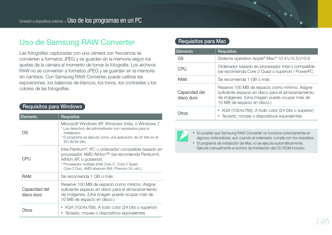 Samsung EV-NX1000BFWES, EV-NX1000BABES 146, Uso de Samsung RAW Converter, Requisitos para Windows, Requisitos para Mac 