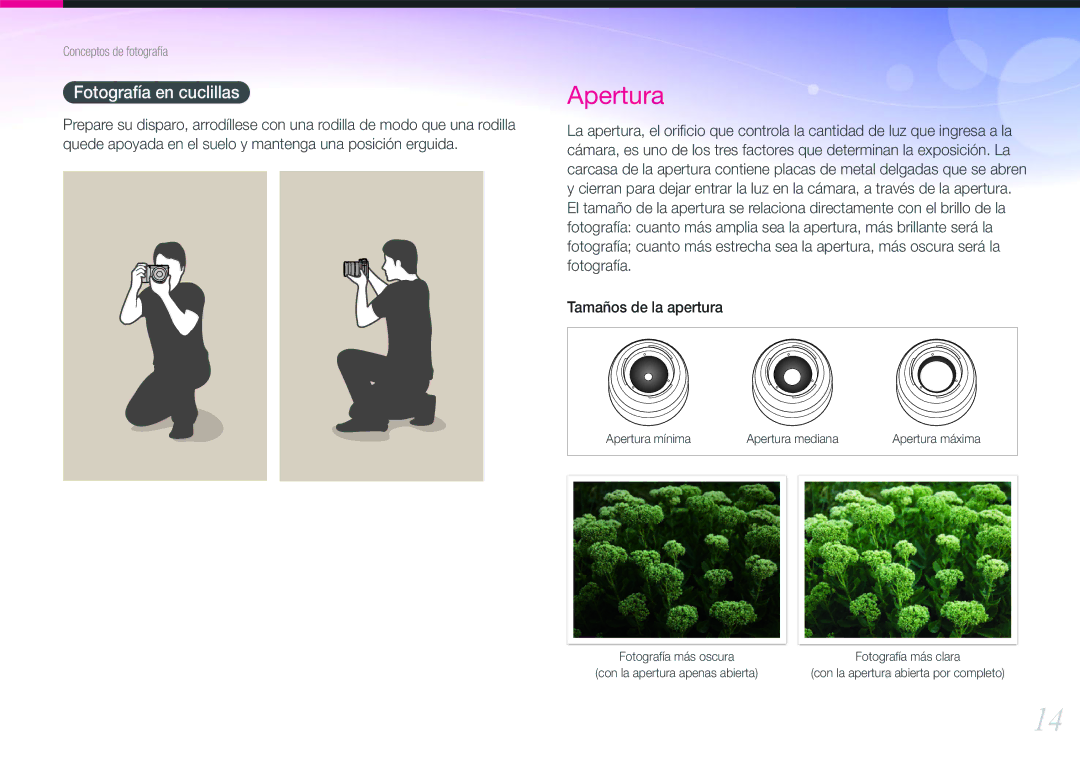 Samsung EV-NX1000BABES, EV-NX1000BHWFR, EV-NX1000BFWES, EV-NX1000BJPES, EV-NX1000BFWIL manual Apertura, Fotografía en cuclillas 