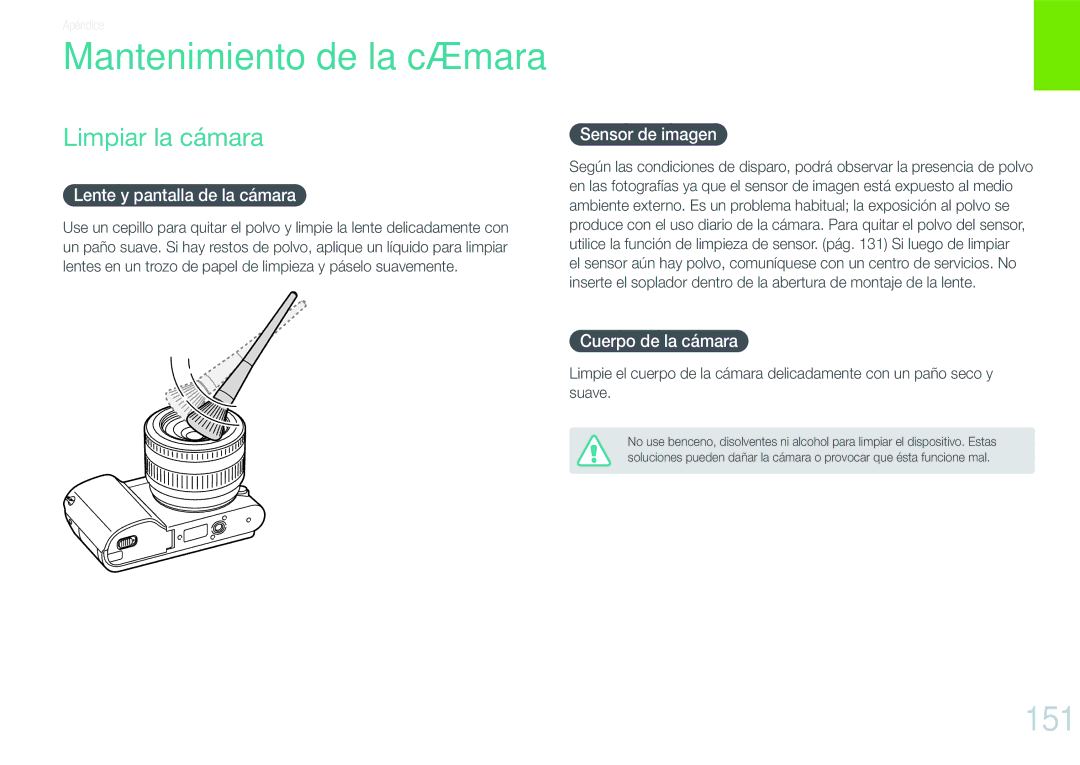 Samsung EV-NX1000BFWES, EV-NX1000BABES, EV-NX1000BHWFR, EV-NX1000BJPES Mantenimiento de la cámara, 151, Limpiar la cámara 