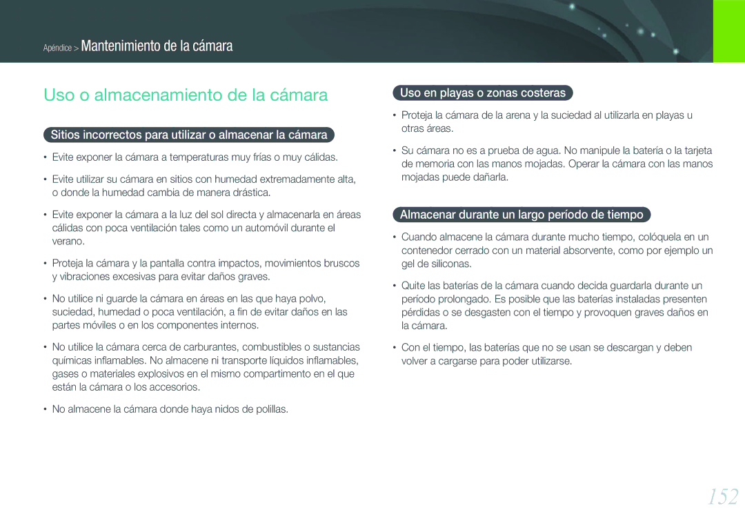 Samsung EV-NX1000BJPES 152, Uso o almacenamiento de la cámara, Sitios incorrectos para utilizar o almacenar la cámara 