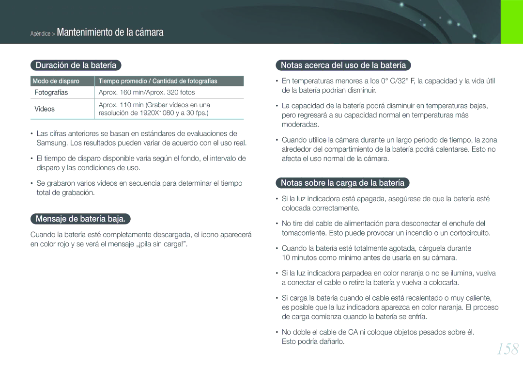 Samsung EV-NX1000BFWIL manual 158, Duración de la batería, Mensaje de batería baja, Notas acerca del uso de la batería 