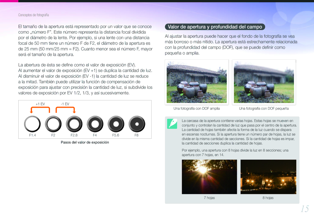 Samsung EV-NX1000BHWFR, EV-NX1000BABES, EV-NX1000BFWES, EV-NX1000BJPES manual Valor de apertura y profundidad del campo 