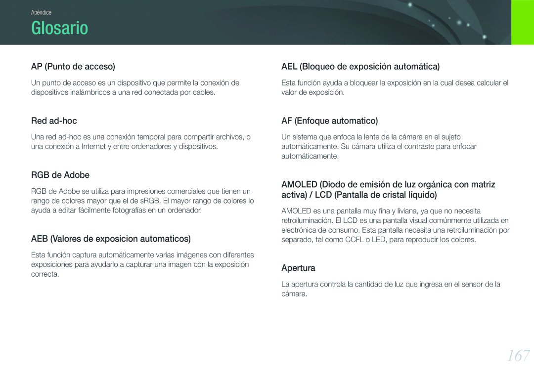 Samsung EV-NX1000BJPES, EV-NX1000BABES, EV-NX1000BHWFR, EV-NX1000BFWES, EV-NX1000BFWIL manual Glosario, 167 