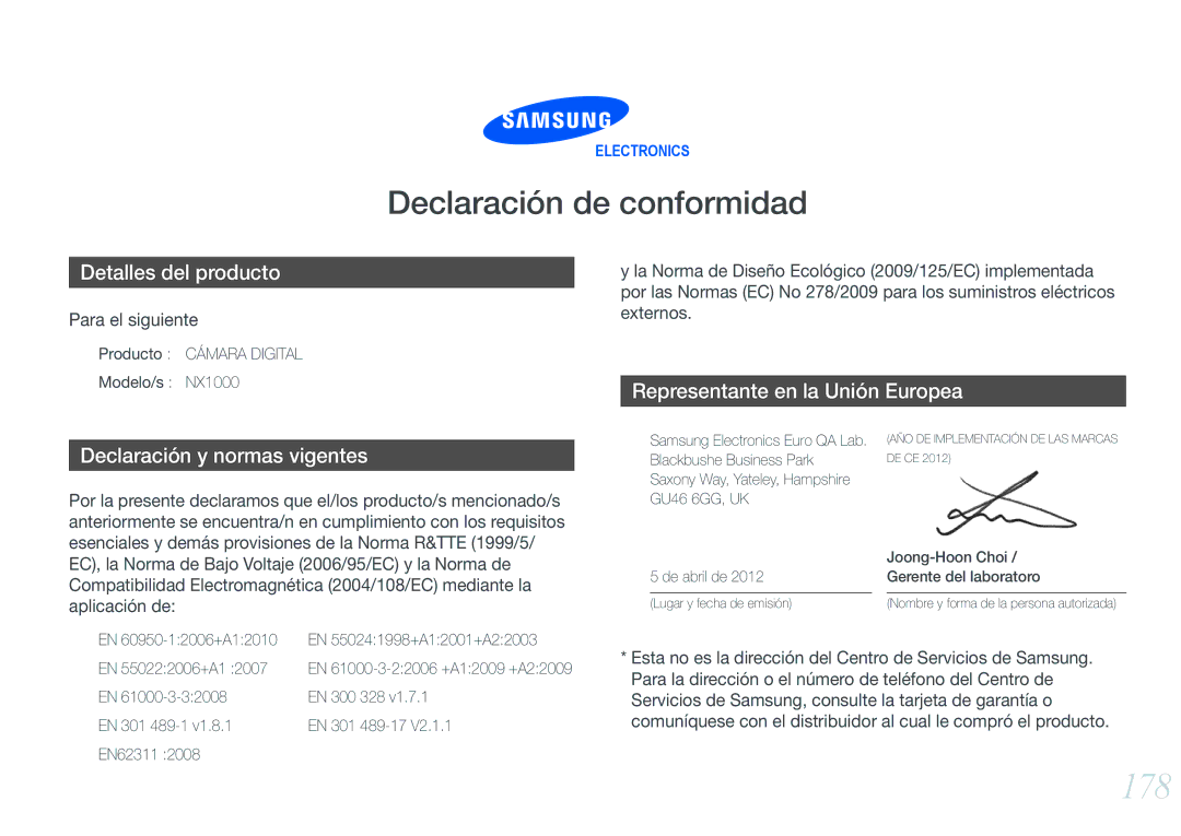 Samsung EV-NX1000BFWIL manual 178, Producto Cámara Digital Modelo/s NX1000, EN 300 328, EN 301 489-1 EN 301 489-17 EN62311 