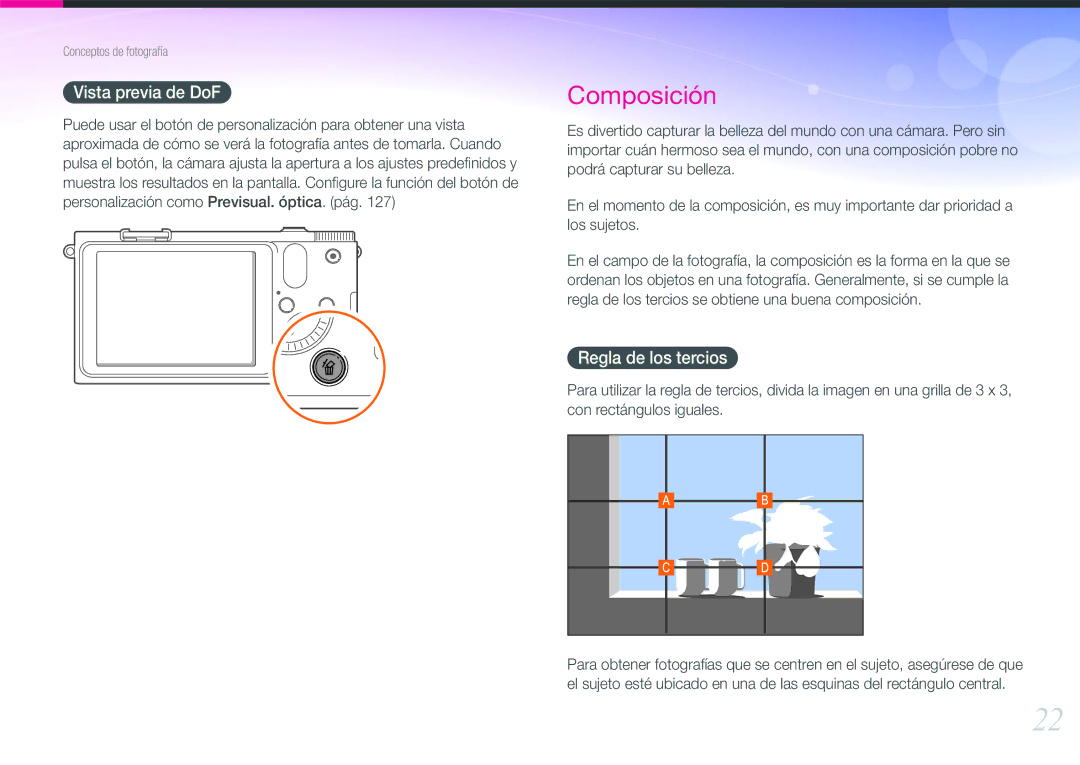 Samsung EV-NX1000BJPES, EV-NX1000BABES, EV-NX1000BHWFR, EV-NX1000BFWES manual Vista previa de DoF, Regla de los tercios 