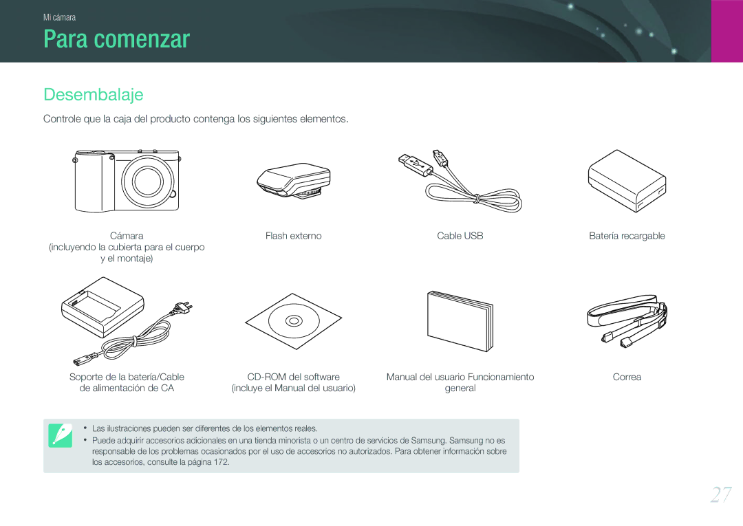 Samsung EV-NX1000BJPES, EV-NX1000BABES, EV-NX1000BHWFR Para comenzar, Desembalaje, Flash externo, Batería recargable Correa 