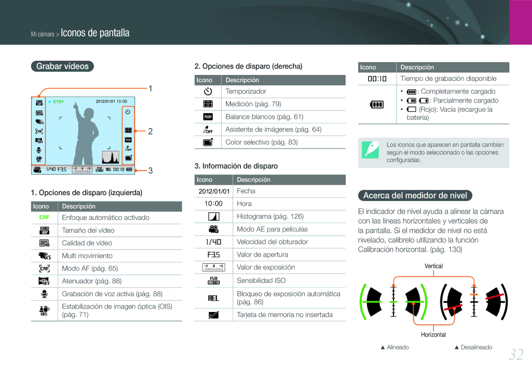 Samsung EV-NX1000BJPES, EV-NX1000BABES, EV-NX1000BHWFR, EV-NX1000BFWES manual Grabar vídeos, Acerca del medidor de nivel 