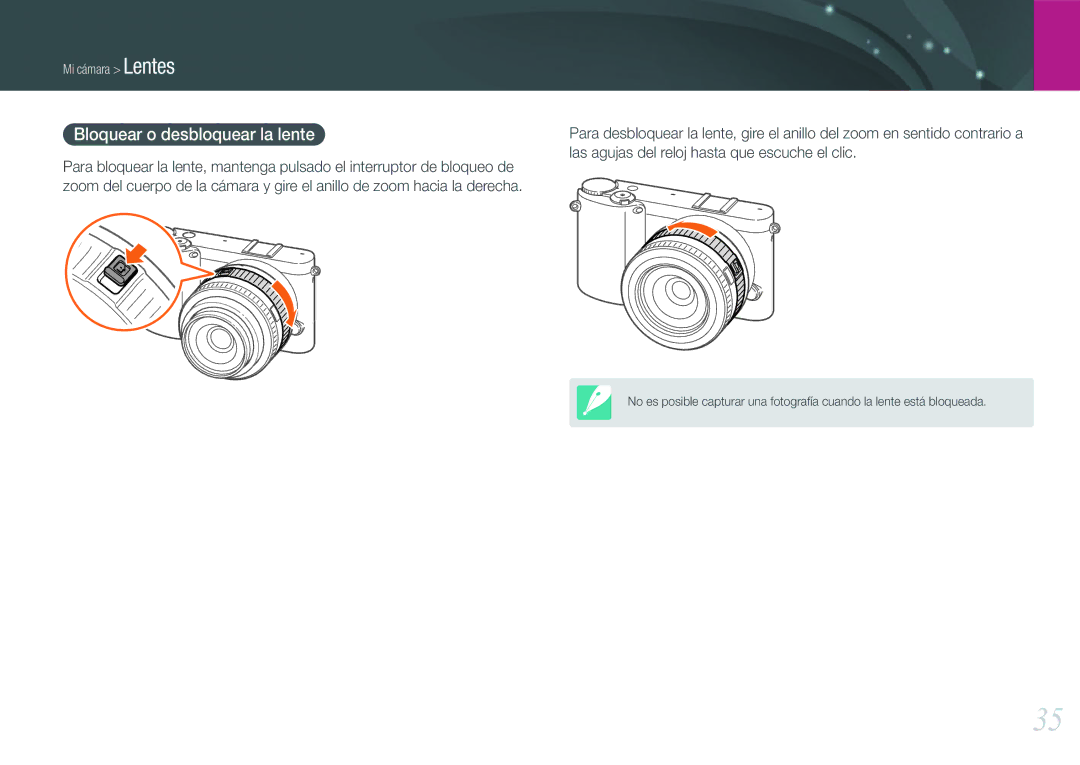 Samsung EV-NX1000BHWFR, EV-NX1000BABES Bloquear o desbloquear la lente, Las agujas del reloj hasta que escuche el clic 