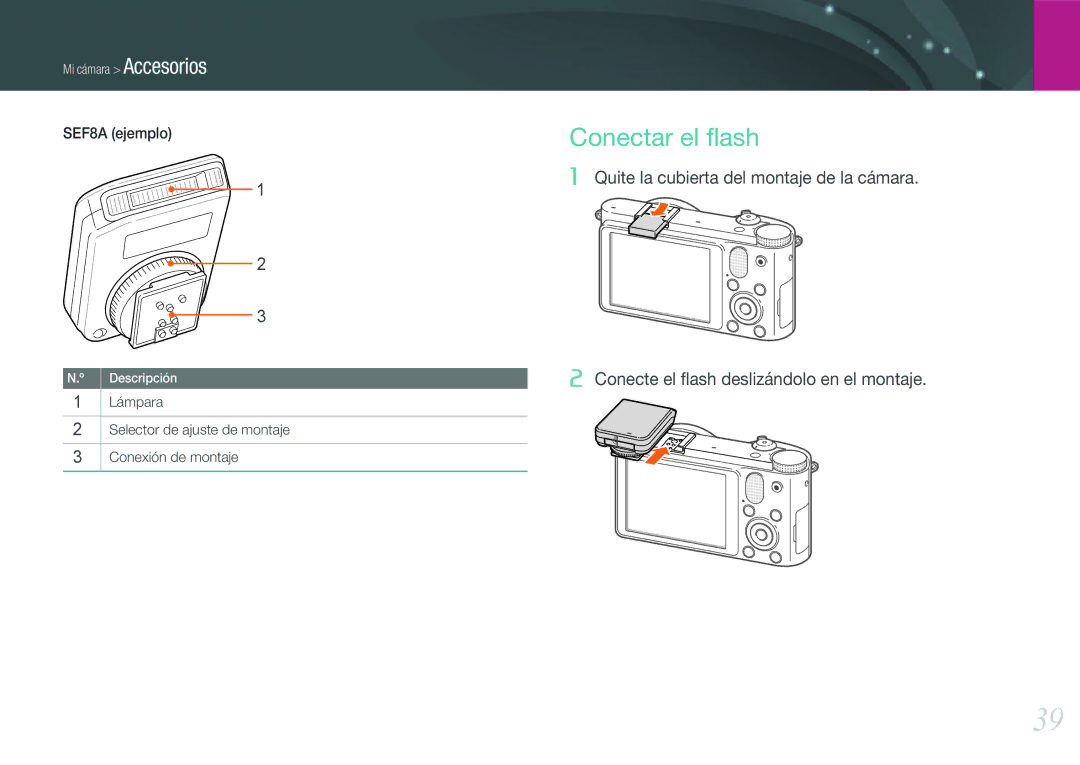 Samsung EV-NX1000BABES manual Conectar el ﬂash, SEF8A ejemplo, Lámpara Selector de ajuste de montaje Conexión de montaje 