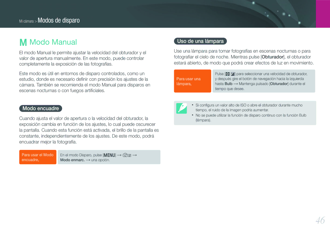 Samsung EV-NX1000BFWES, EV-NX1000BABES, EV-NX1000BHWFR, EV-NX1000BJPES manual Modo Manual, Modo encuadre, Uso de una lámpara 
