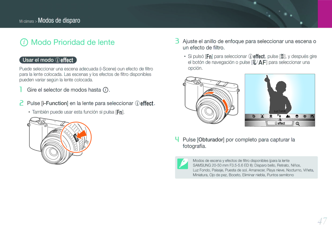 Samsung EV-NX1000BJPES, EV-NX1000BABES, EV-NX1000BHWFR, EV-NX1000BFWES manual Modo Prioridad de lente, Usar el modo E 