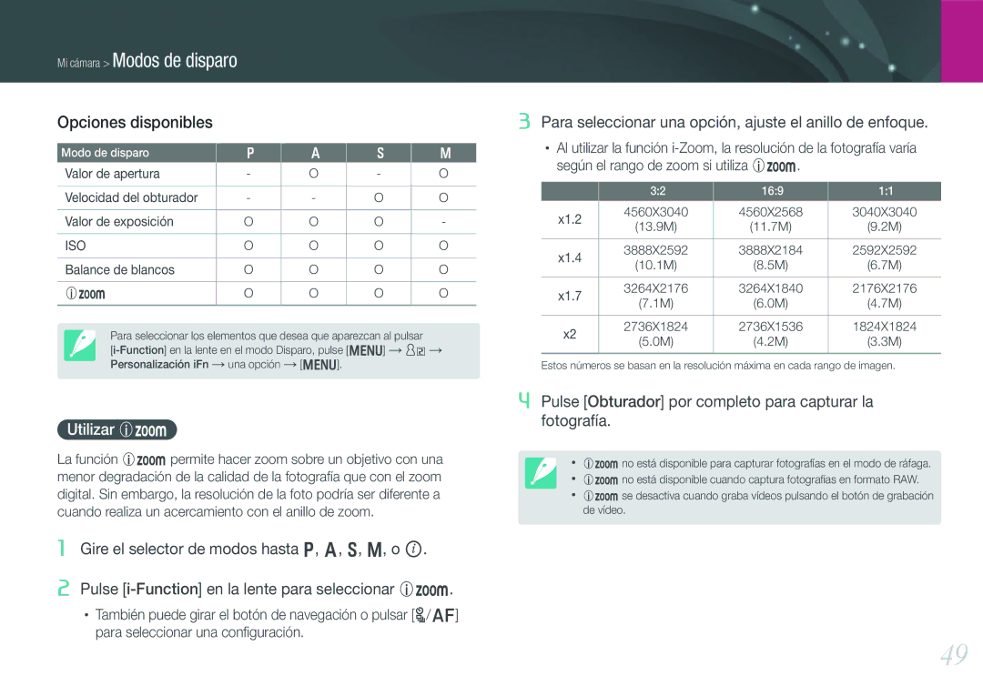 Samsung EV-NX1000BABES, EV-NX1000BHWFR, EV-NX1000BFWES, EV-NX1000BJPES, EV-NX1000BFWIL manual Opciones disponibles, Utilizar Z 