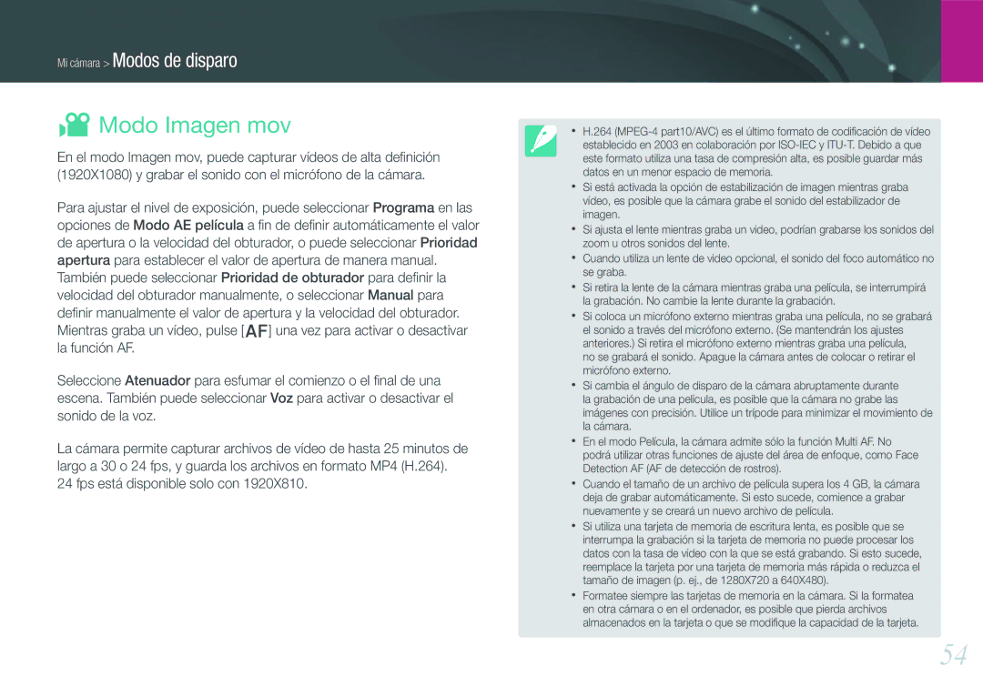 Samsung EV-NX1000BABES, EV-NX1000BHWFR, EV-NX1000BFWES, EV-NX1000BJPES manual Modo Imagen mov, Fps está disponible solo con 