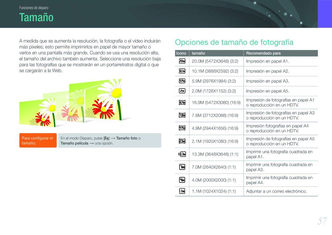 Samsung EV-NX1000BJPES, EV-NX1000BABES, EV-NX1000BHWFR, EV-NX1000BFWES manual Tamaño, Opciones de tamaño de fotografía 