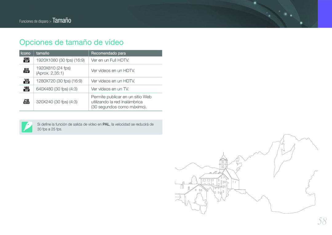 Samsung EV-NX1000BFWIL, EV-NX1000BABES, EV-NX1000BHWFR, EV-NX1000BFWES, EV-NX1000BJPES manual Opciones de tamaño de vídeo 