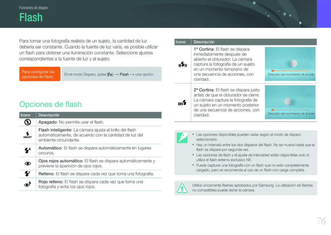 Samsung EV-NX1000BFWES, EV-NX1000BABES, EV-NX1000BHWFR, EV-NX1000BJPES, EV-NX1000BFWIL manual Flash, Opciones de ﬂash 