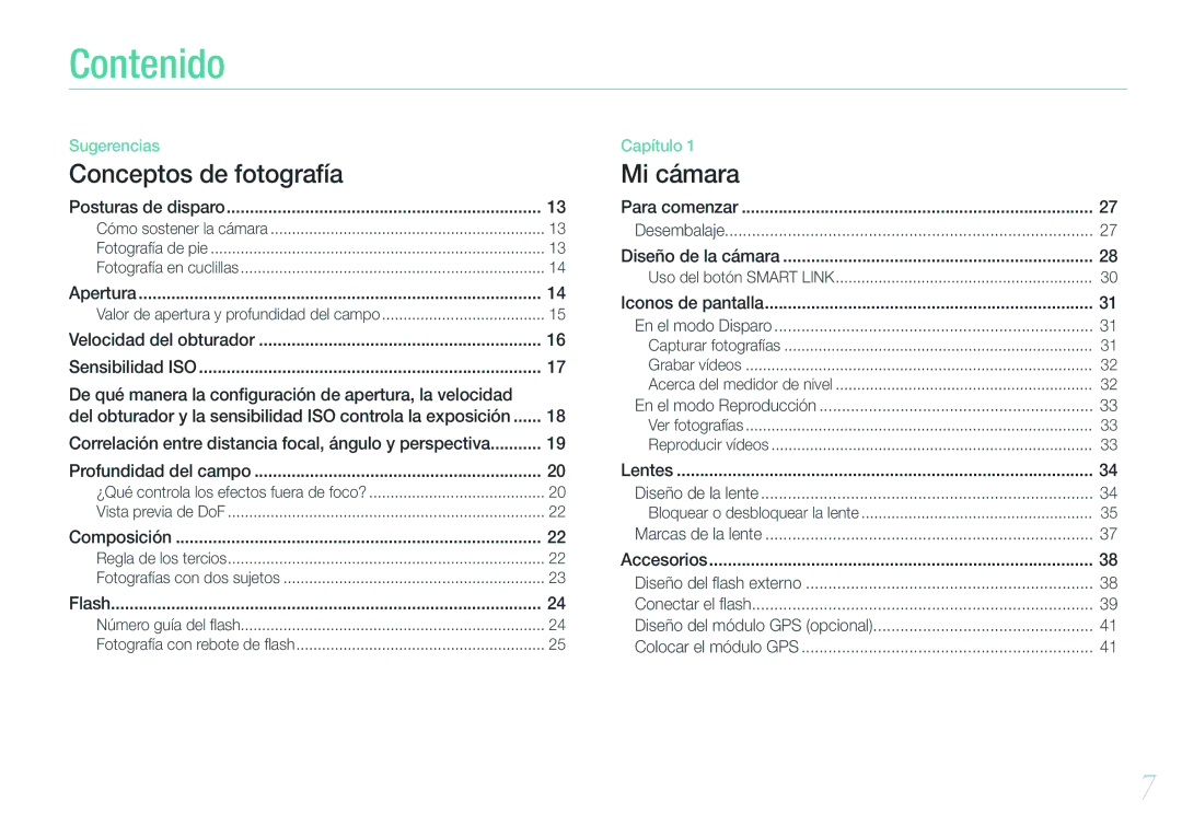 Samsung EV-NX1000BJPES, EV-NX1000BABES, EV-NX1000BHWFR, EV-NX1000BFWES, EV-NX1000BFWIL Contenido, Conceptos de fotografía 