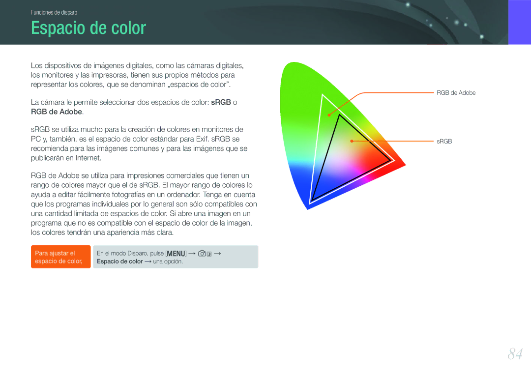 Samsung EV-NX1000BABES, EV-NX1000BHWFR, EV-NX1000BFWES, EV-NX1000BJPES, EV-NX1000BFWIL manual Espacio de color 