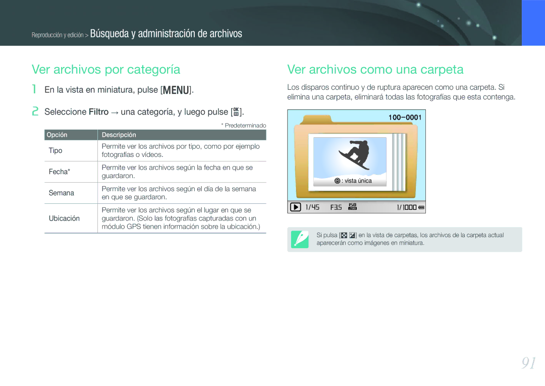 Samsung EV-NX1000BFWES manual Ver archivos por categoría, Ver archivos como una carpeta, Tipo, Fotografías o vídeos 
