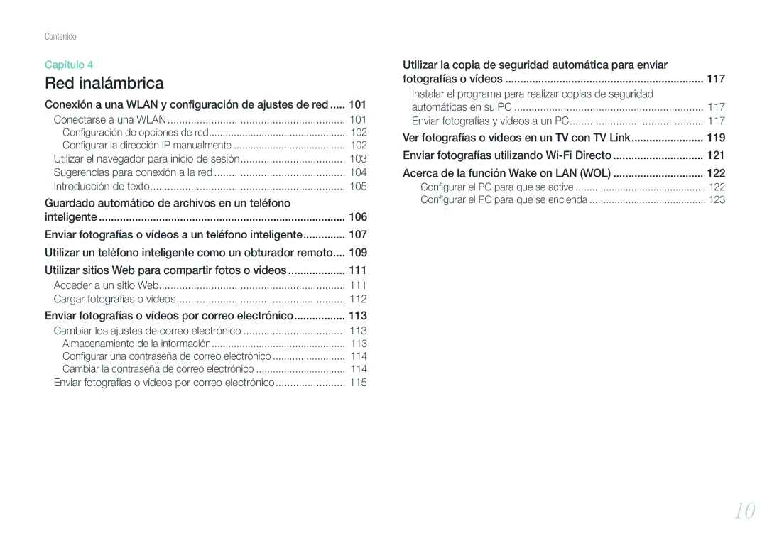 Samsung EV-NX1000BFWES manual Conexión a una Wlan y conﬁguración de ajustes de red, 101, 103, 104, 105, 111, 112, 113, 115 