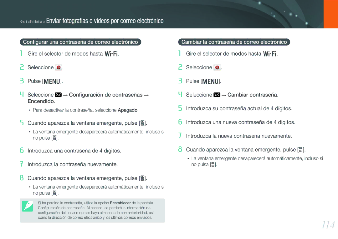 Samsung EV-NX1000BFWES 114, Conﬁgurar una contraseña de correo electrónico, Cambiar la contraseña de correo electrónico 