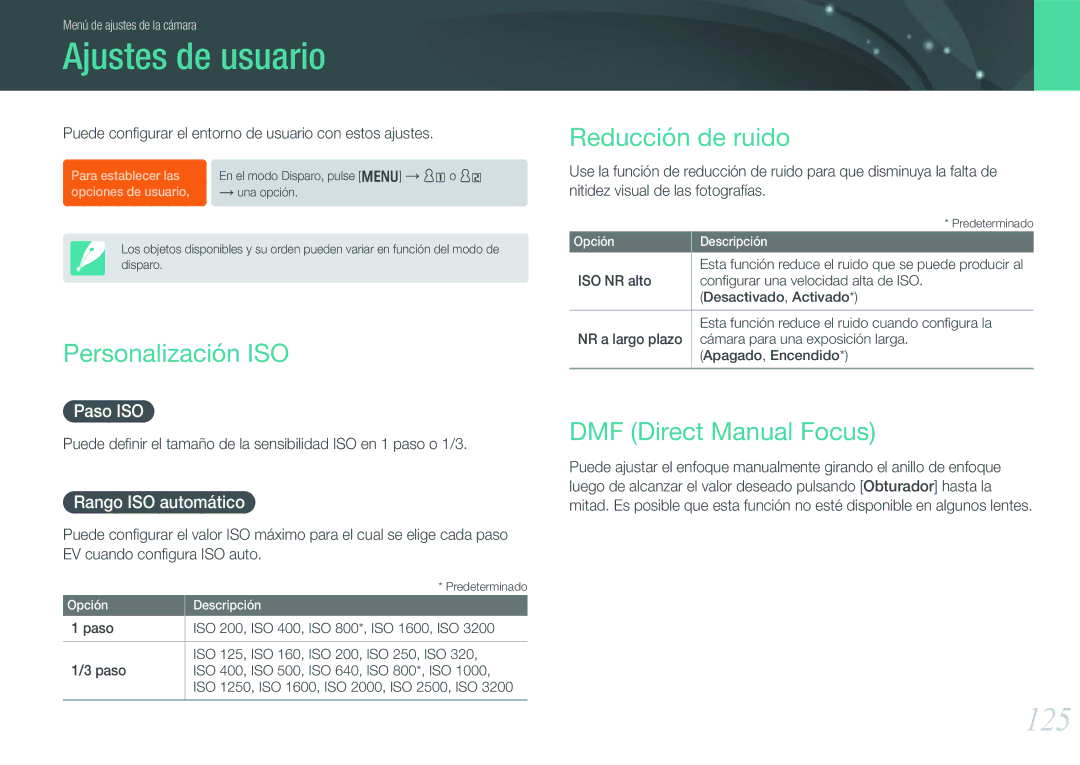 Samsung EV-NX1000BFWIL manual Ajustes de usuario, 125, Personalización ISO, Reducción de ruido, DMF Direct Manual Focus 