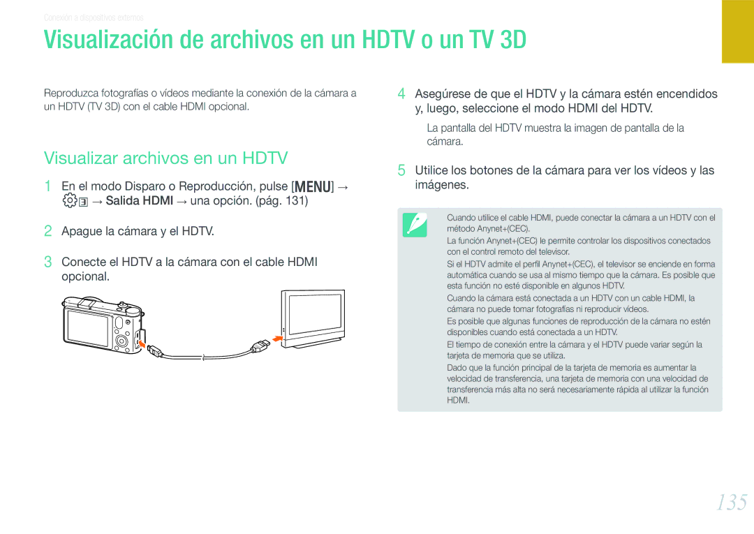 Samsung EV-NX1000BABES manual Visualización de archivos en un Hdtv o un TV 3D, 135, Visualizar archivos en un Hdtv 