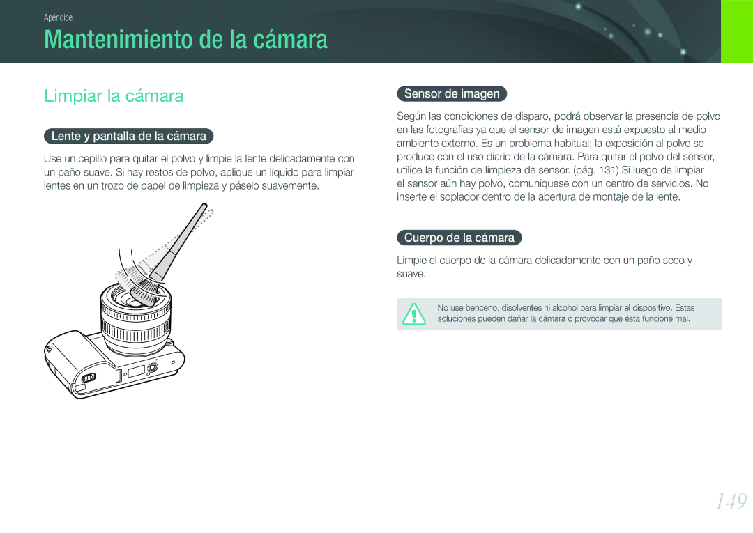 Samsung EV-NX1000BFWIL, EV-NX1000BABES, EV-NX1100BFWES, EV-NX1000BHWFR Mantenimiento de la cámara, 149, Limpiar la cámara 