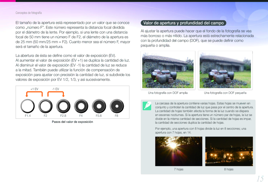 Samsung EV-NX1000BABES, EV-NX1100BFWES, EV-NX1000BHWFR, EV-NX1000BFWES manual Valor de apertura y profundidad del campo 