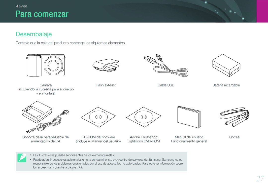 Samsung EV-NX1000BJPES, EV-NX1000BABES, EV-NX1100BFWES, EV-NX1000BHWFR Para comenzar, Desembalaje, Flash externo Cable USB 