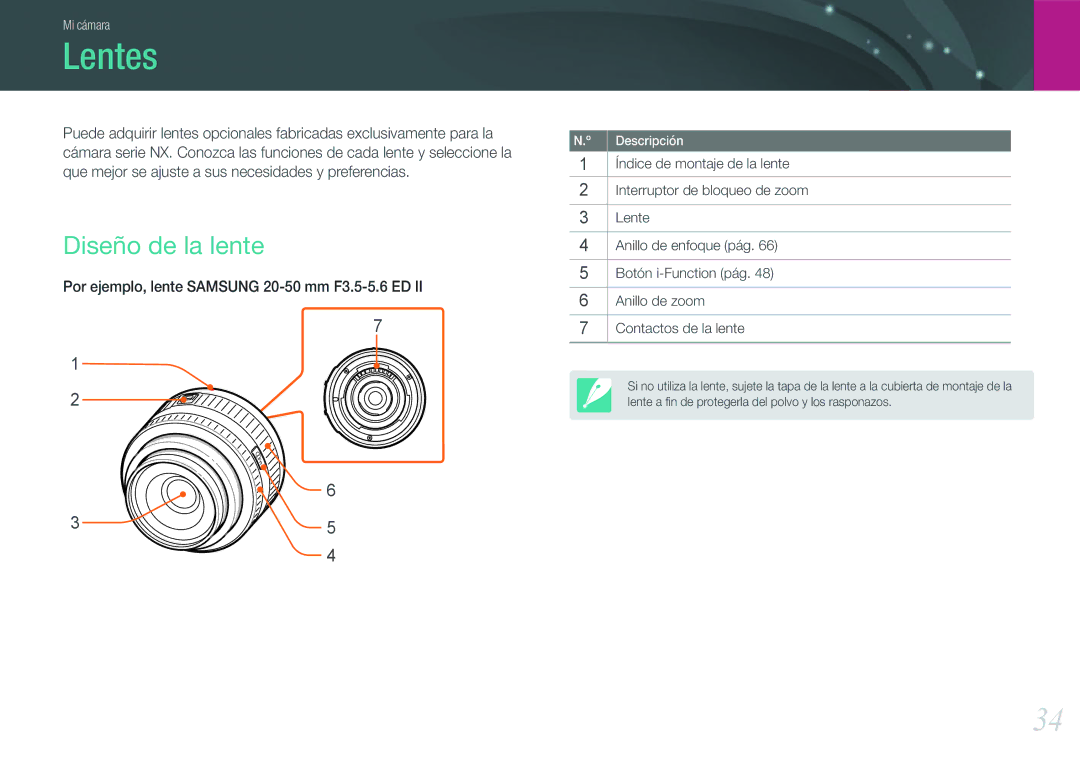 Samsung EV-NX1000BFWES, EV-NX1000BABES, EV-NX1100BFWES, EV-NX1000BHWFR, EV-NX1000BJPES manual Lentes, Diseño de la lente 