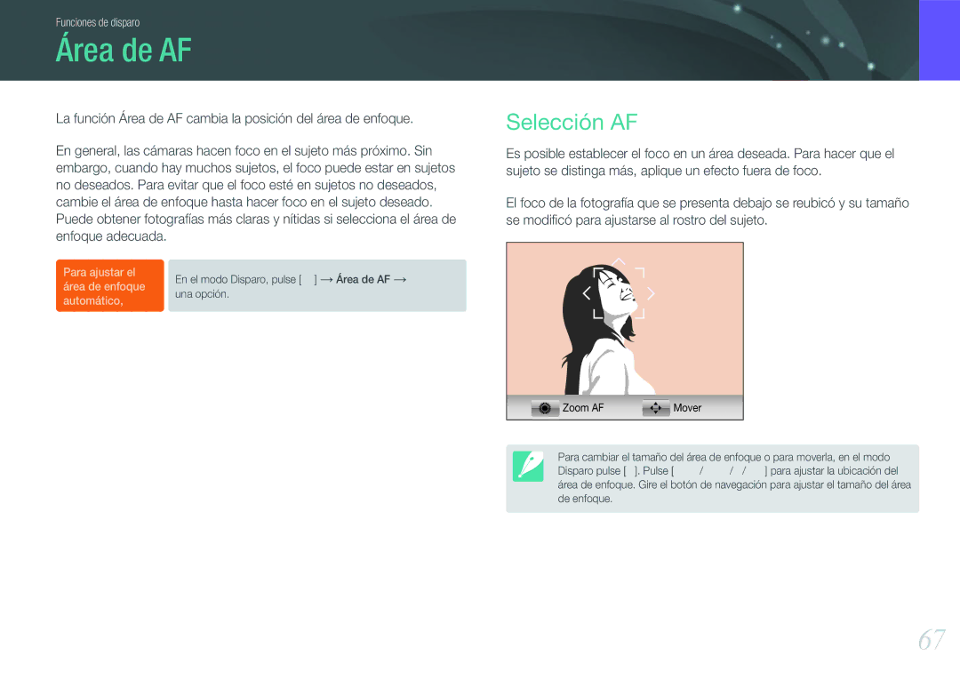Samsung EV-NX1000BJPES, EV-NX1000BABES, EV-NX1100BFWES, EV-NX1000BHWFR, EV-NX1000BFWES manual Área de AF, Selección AF 