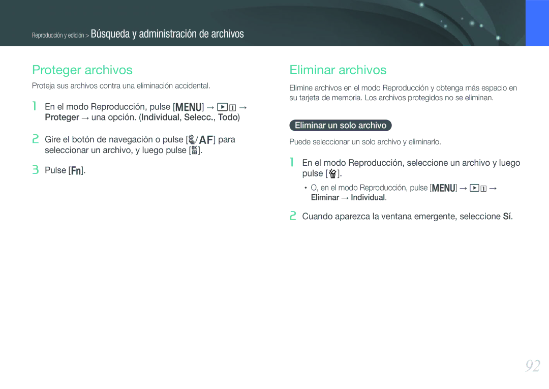 Samsung EV-NX1100BABES, EV-NX1000BABES, EV-NX1100BFWES manual Proteger archivos, Eliminar archivos, Eliminar un solo archivo 
