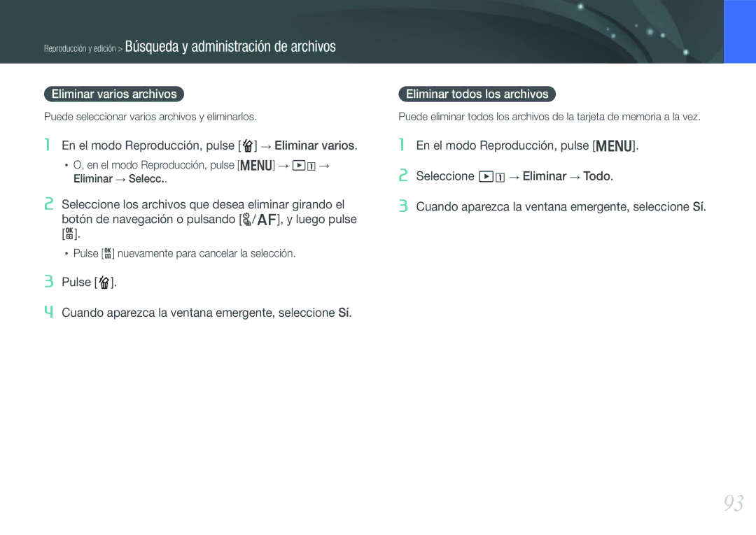 Samsung EV-NX1000BFWIL, EV-NX1000BABES, EV-NX1100BFWES, EV-NX1000BHWFR Eliminar varios archivos, Eliminar todos los archivos 