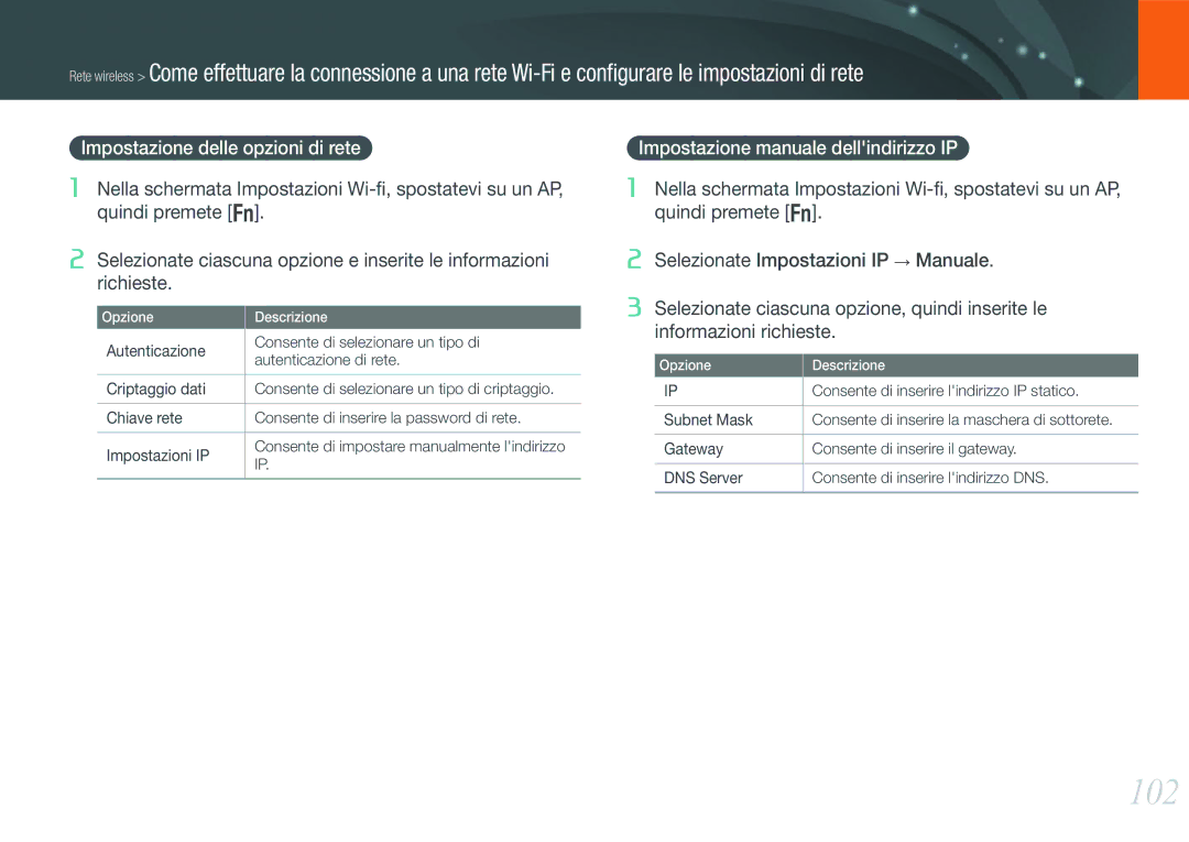 Samsung EV-NX1000BFWIT, EV-NX1000BABIT 102, Impostazione delle opzioni di rete, Impostazione manuale dellindirizzo IP 