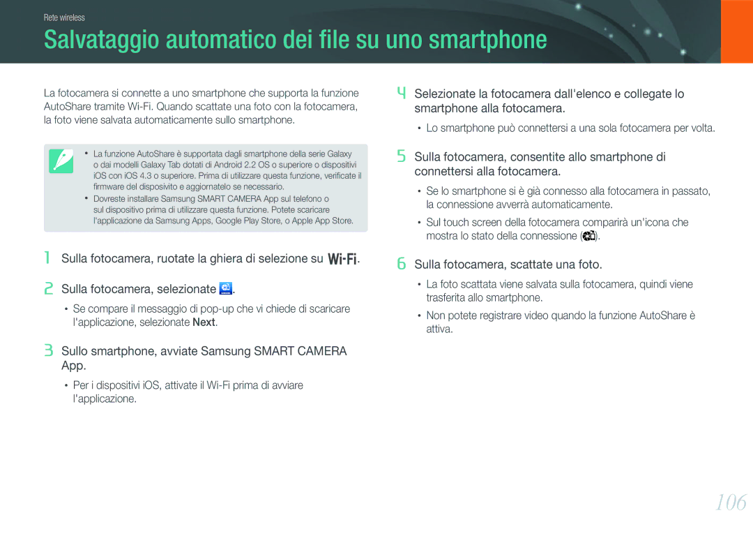 Samsung EV-NX1000BFWIT, EV-NX1000BABIT, EV-NX1000BHWIT, EV-NX1000BFWTR Salvataggio automatico dei ﬁle su uno smartphone, 106 