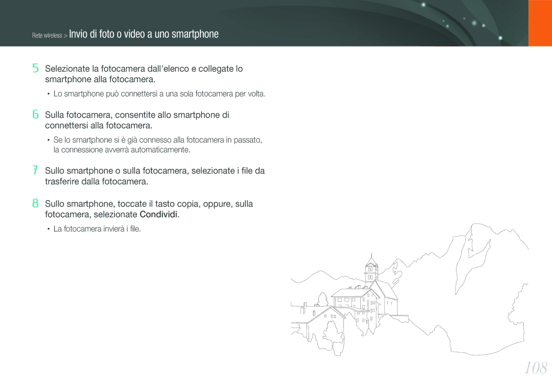 Samsung EV-NX1000BHWIT, EV-NX1000BABIT, EV-NX1000BFWTR manual 108, Rete wireless Invio di foto o video a uno smartphone 