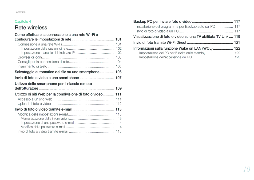 Samsung EV-NX1000BFWIT Conﬁgurare le impostazioni di rete, 102, Invio di foto o video a uno smartphone, 113, 114, 122, 123 