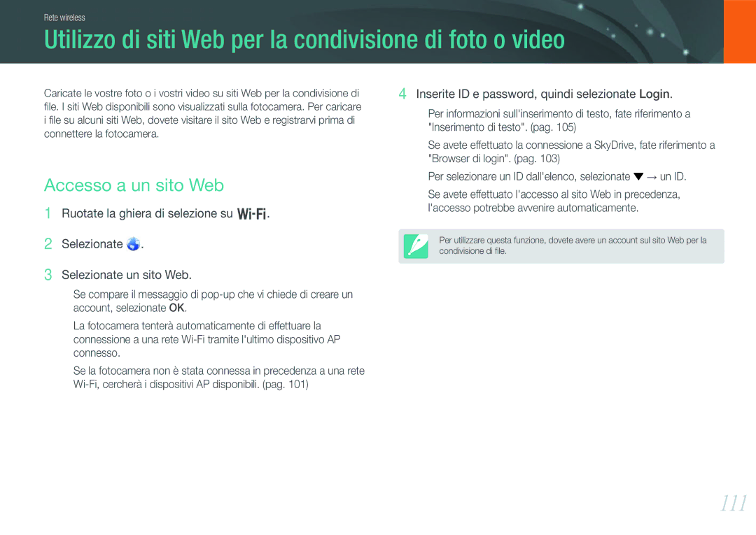 Samsung EV-NX1000BABIT manual Utilizzo di siti Web per la condivisione di foto o video, 111, Accesso a un sito Web 