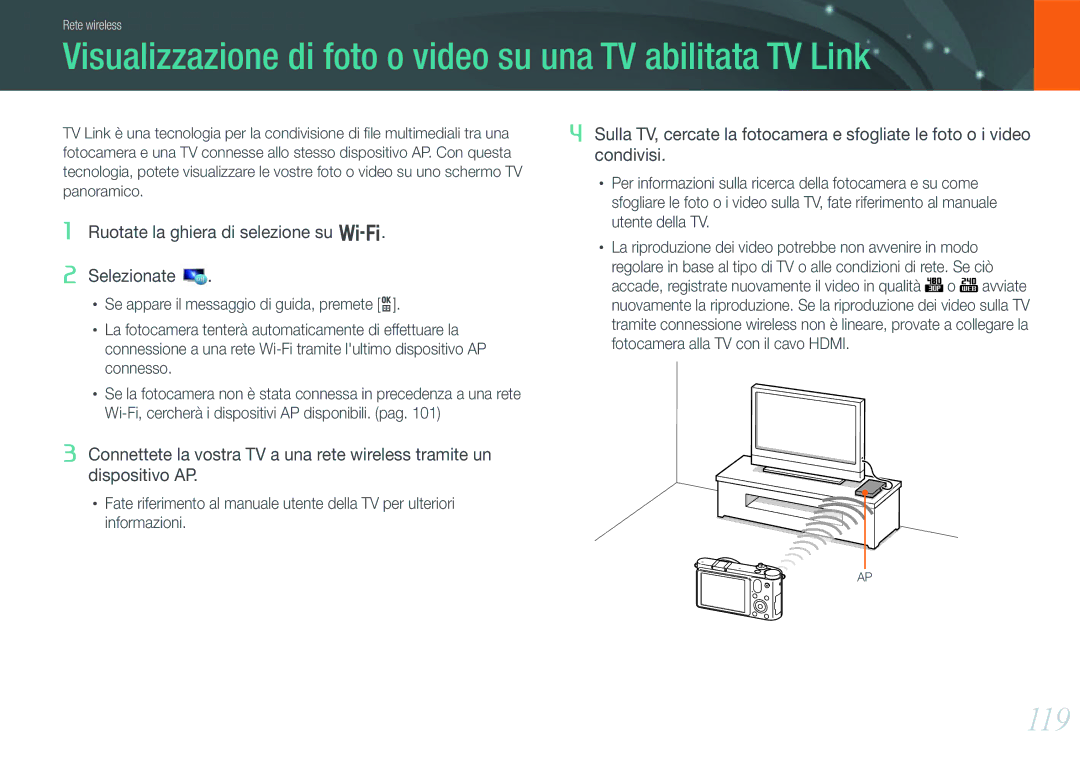 Samsung EV-NX1000BABIT, EV-NX1000BHWIT, EV-NX1000BFWTR Visualizzazione di foto o video su una TV abilitata TV Link, 119 