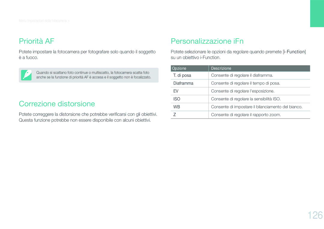 Samsung EV-NX1000BFWIT, EV-NX1000BABIT, EV-NX1000BHWIT manual 126, Priorità AF, Correzione distorsione, Personalizzazione iFn 