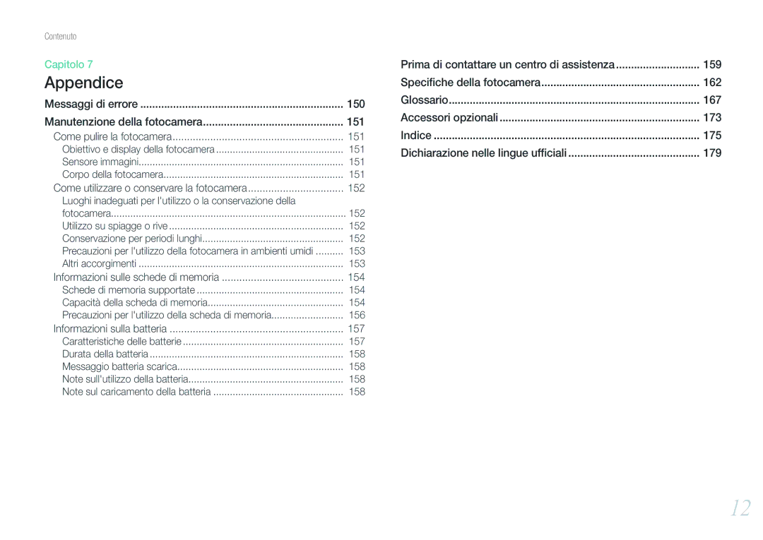 Samsung EV-NX1000BHWIT manual Messaggi di errore, Manutenzione della fotocamera, 151, 152, 153, 154, 156, 157, 158 