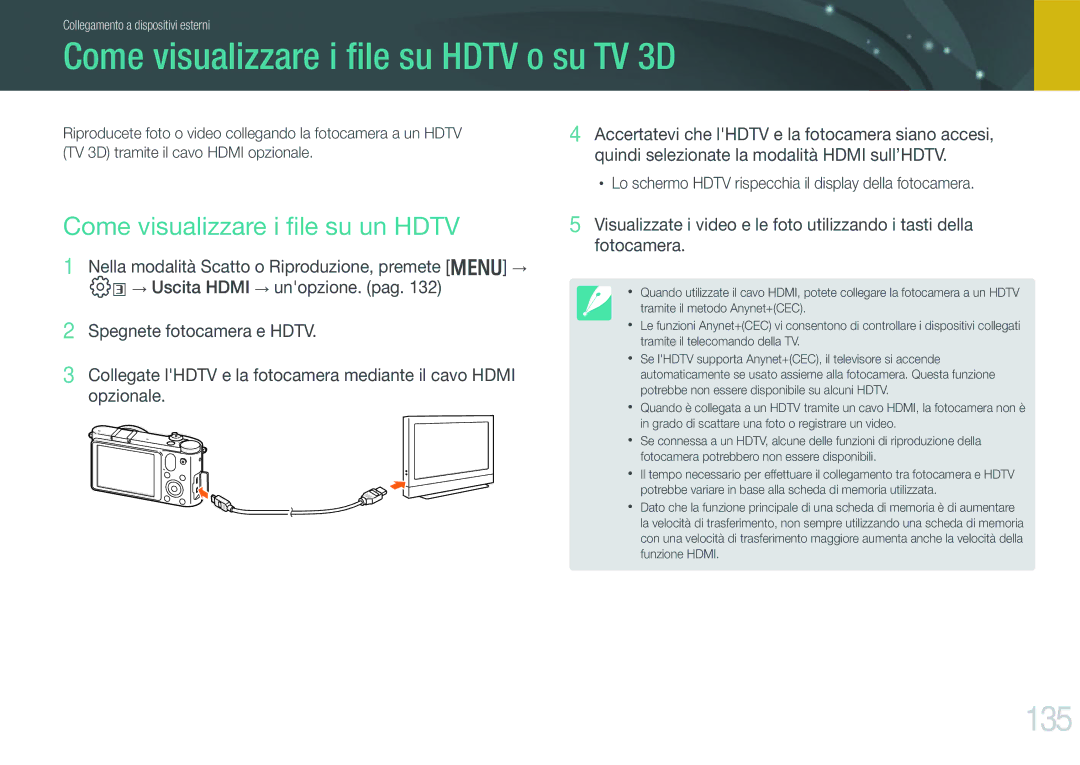 Samsung EV-NX1000BABIT, EV-NX1000BHWIT Come visualizzare i ﬁle su Hdtv o su TV 3D, 135, Come visualizzare i ﬁle su un Hdtv 