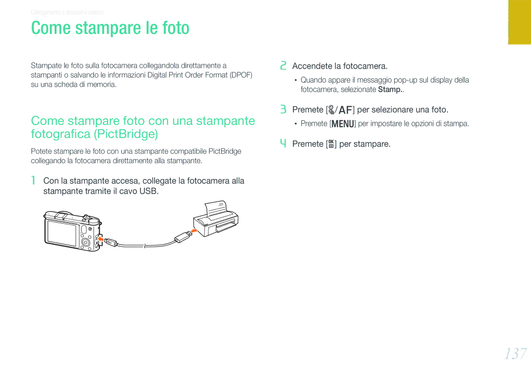 Samsung EV-NX1000BFWTR manual Come stampare le foto, 137, Come stampare foto con una stampante fotograﬁca PictBridge 