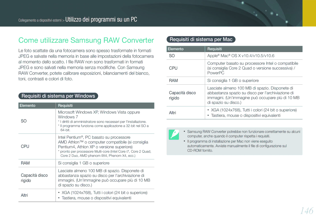 Samsung EV-NX1000BFWIT, EV-NX1000BABIT manual 146, Come utilizzare Samsung RAW Converter, Requisiti di sistema per Windows 